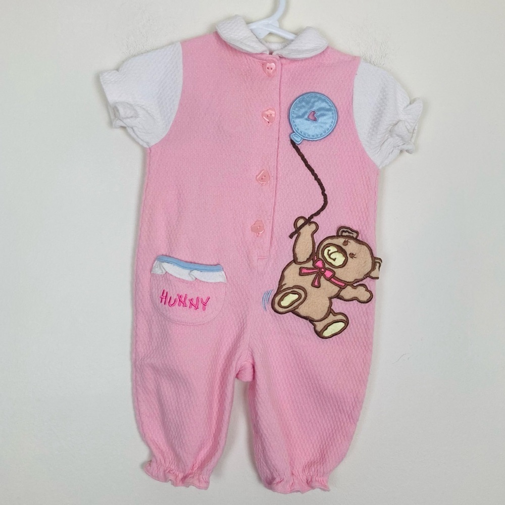 Vintage Catton Candy pink & white one piece with bear & balloon appliqué. 9 m
